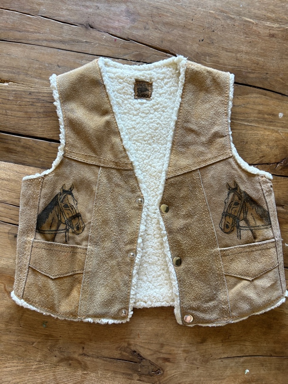 VTG cutest rodeo vest tan leather horse print bull riding 8-10